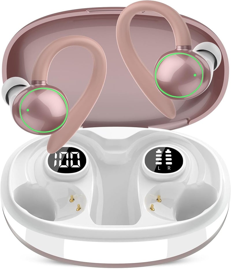 PEFUPEW Wireless Earbuds, Bluetooth 5.4 Headphones Sport, Over Ear Buds With ENC Noise Cancelling Mic, 48H, Wireless Earphone With Earhooks, Stereo Deep Bass, IP7 Waterproof for Workout Running, Rose Gold - Image 1